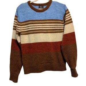 VTG 70s Gary Reed Striped Crew Neck Sweater Blue Brown Tan Acrylic Med